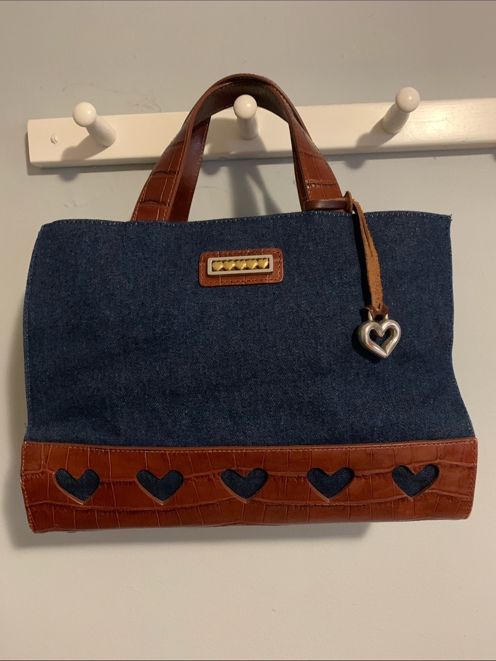 Brighton One World Navy Denim and Brown Leather cut out hearts trim